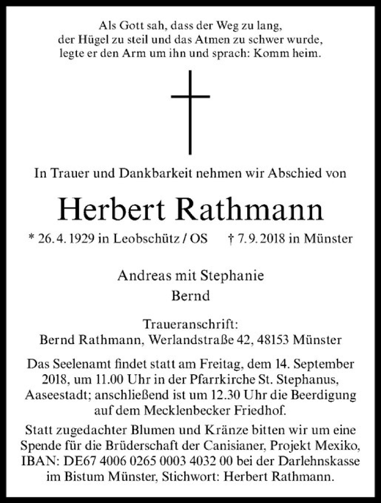  Traueranzeige für Herbert Rathmann vom 12.09.2018 aus Westfälische Nachrichten