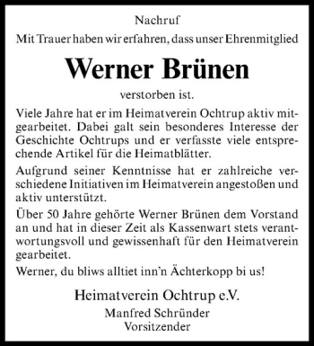 Anzeige von Werner Brünen von Westfälische Nachrichten