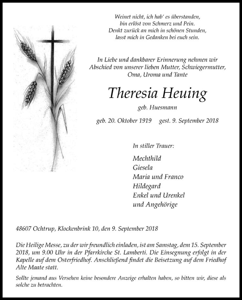  Traueranzeige für Theresia Heuing vom 12.09.2018 aus Westfälische Nachrichten