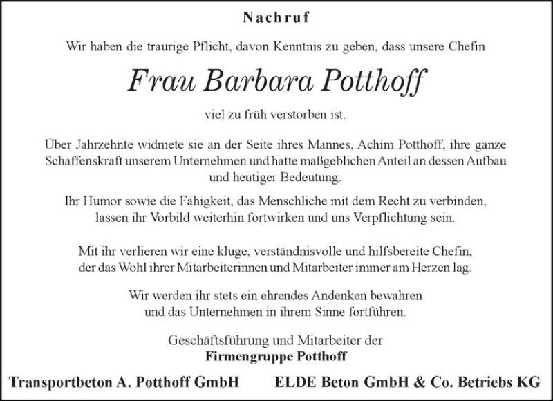  Traueranzeige für Barbara Potthoff vom 08.09.2018 aus Westfälische Nachrichten