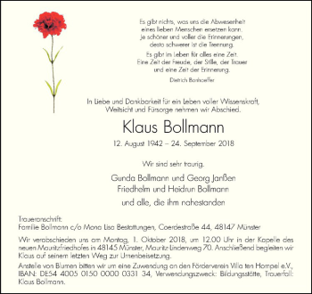 Anzeige von Klaus Bollmann von Westfälische Nachrichten