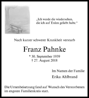 Anzeige von Franz Pahnke von Westfälische Nachrichten