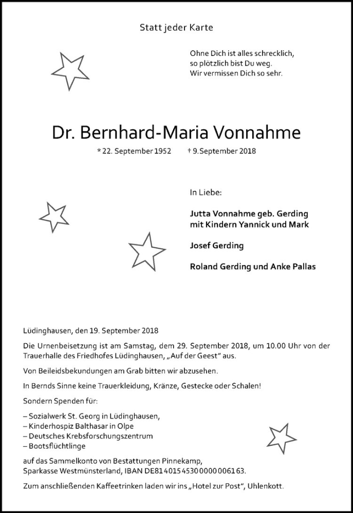  Traueranzeige für Bernhard-Maria Vonnahme vom 22.09.2018 aus Westfälische Nachrichten