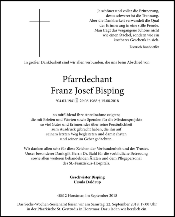 Anzeige von Franz Josef Bisping von Westfälische Nachrichten