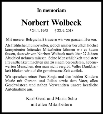 Anzeige von Norbert Wolbeck von Westfälische Nachrichten