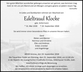 Anzeige von Edeltraud Klocke von Westfälische Nachrichten