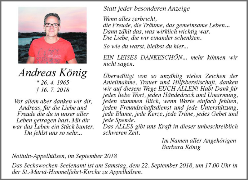  Traueranzeige für Andreas König vom 05.09.2018 aus Westfälische Nachrichten