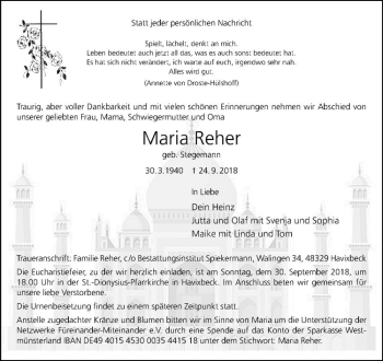 Anzeige von Maria Reher von Westfälische Nachrichten