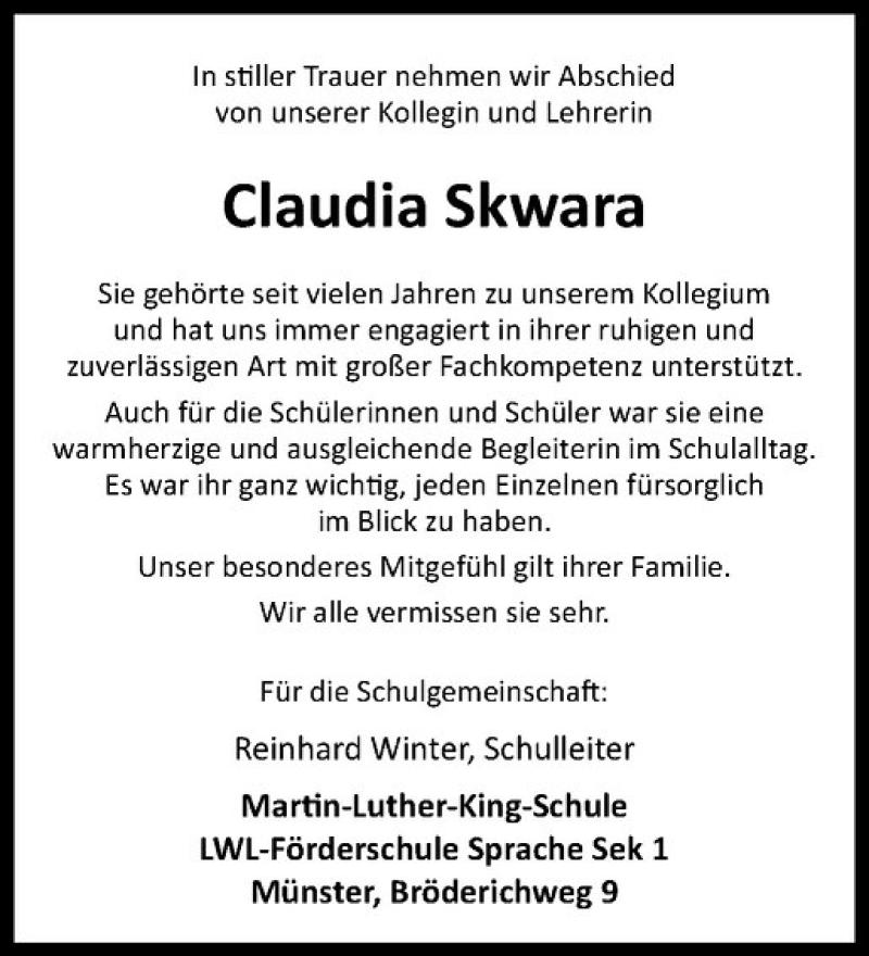  Traueranzeige für Claudia Skwara vom 22.09.2018 aus Westfälische Nachrichten