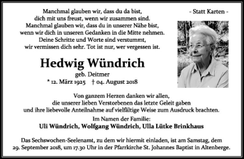 Anzeige von Hedwig Wündrich von Westfälische Nachrichten