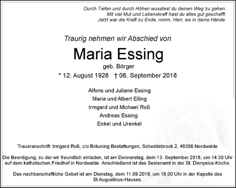  Traueranzeige für Maria Essing vom 10.09.2018 aus Westfälische Nachrichten