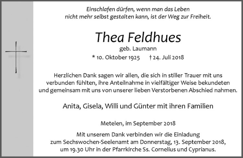  Traueranzeige für Thea Feldhues vom 10.09.2018 aus Westfälische Nachrichten