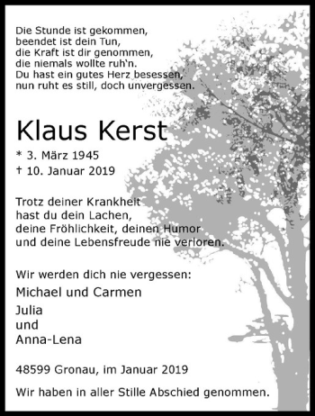Anzeige von Klaus Kerst von Westfälische Nachrichten