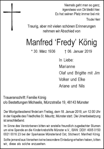 Anzeige von Manfred König von Westfälische Nachrichten