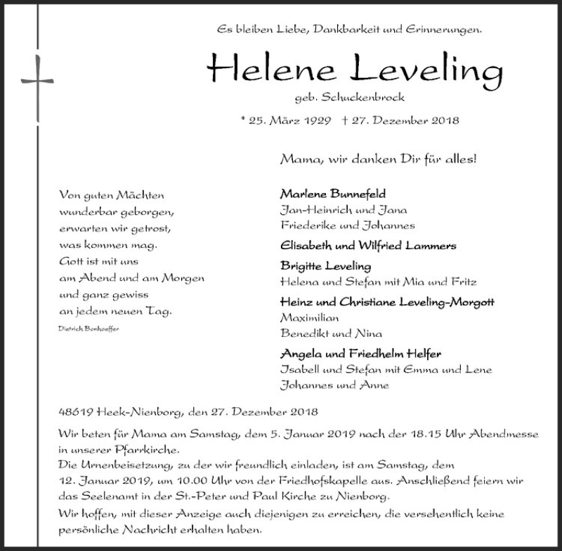  Traueranzeige für Helene Leveling vom 03.01.2019 aus Westfälische Nachrichten
