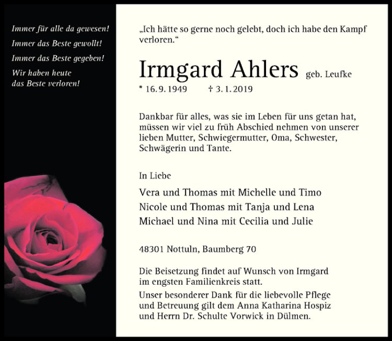  Traueranzeige für Irmgard Ahlers vom 05.01.2019 aus Westfälische Nachrichten
