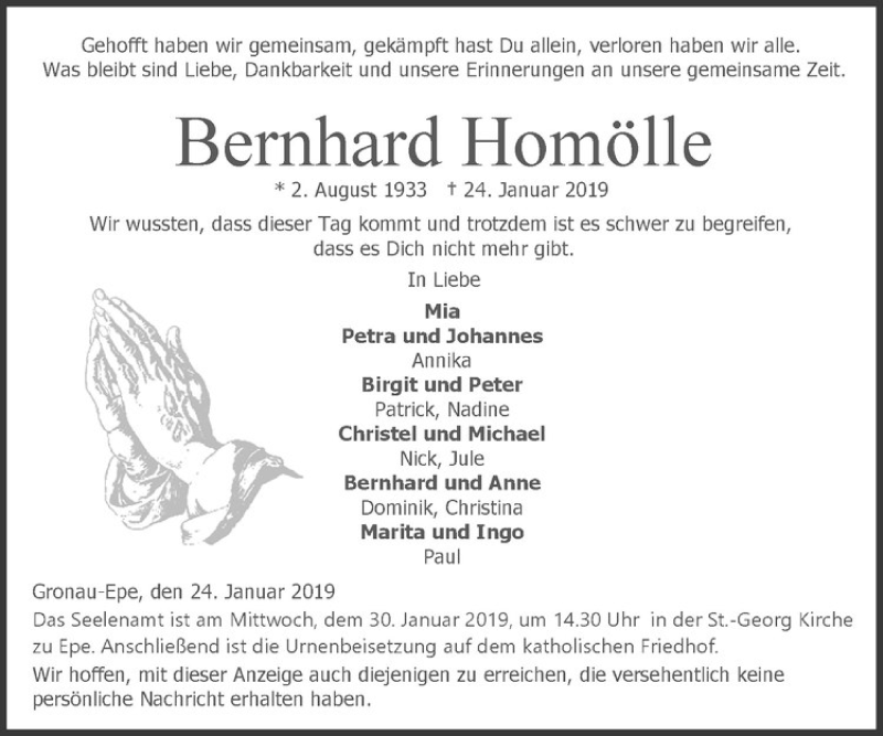  Traueranzeige für Bernhard Homölle vom 26.01.2019 aus Westfälische Nachrichten