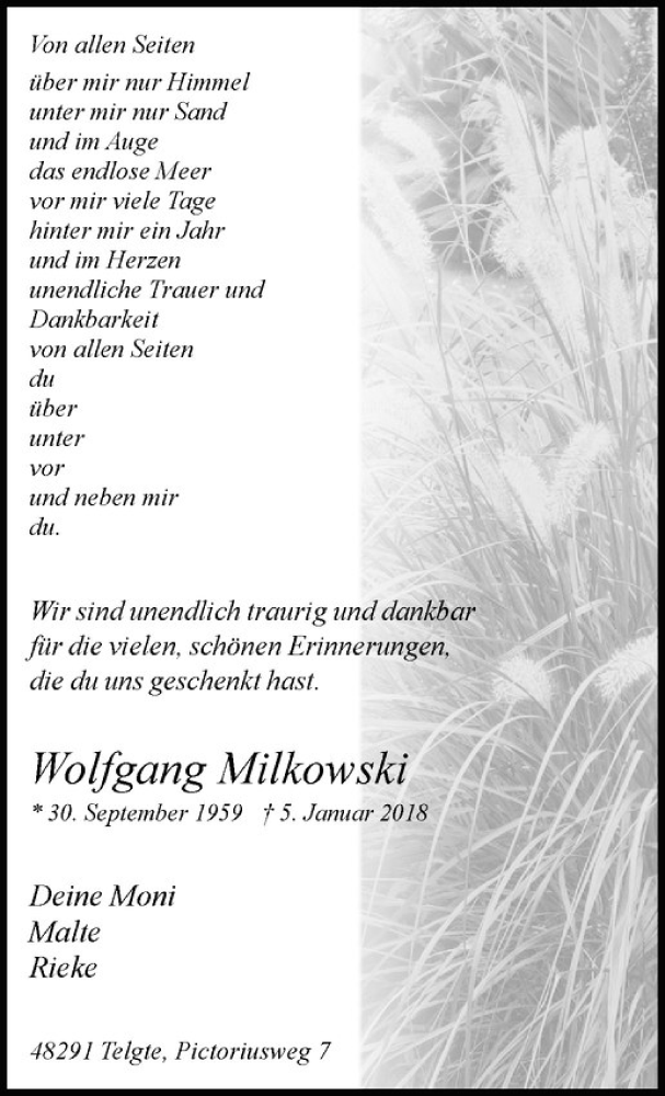  Traueranzeige für Wolfgang Milkowski vom 05.01.2019 aus Westfälische Nachrichten