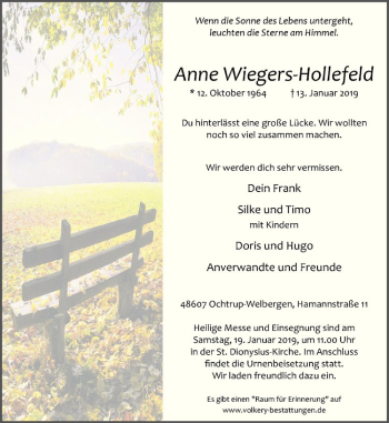 Anzeige von Anne Wiegers-Hollefeld von Westfälische Nachrichten
