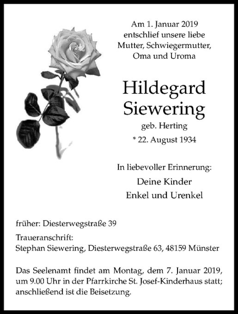  Traueranzeige für Hildegard Siewering vom 05.01.2019 aus Westfälische Nachrichten