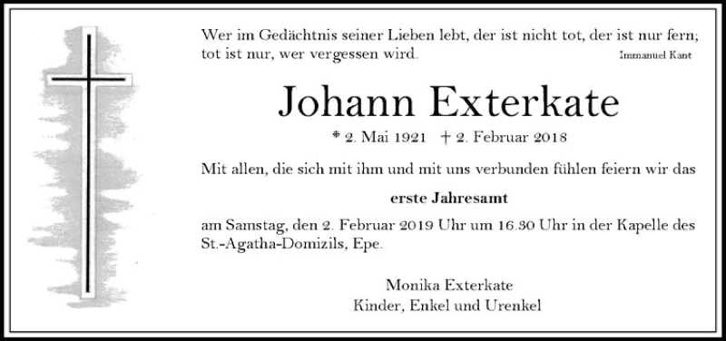  Traueranzeige für Johann Exterkate vom 29.01.2019 aus Westfälische Nachrichten