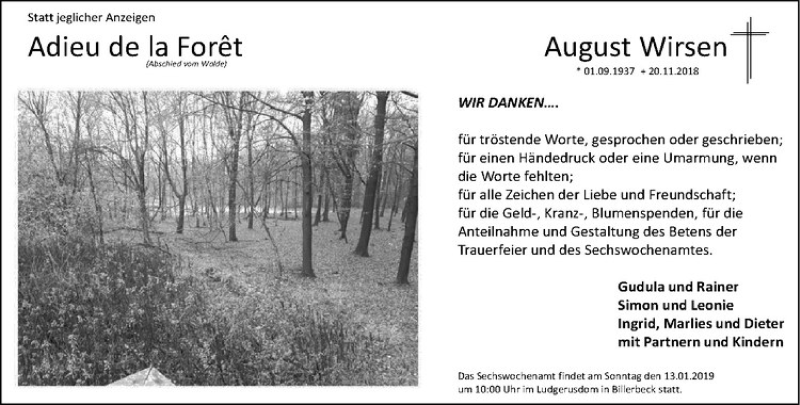  Traueranzeige für August Wirsen vom 05.01.2019 aus Westfälische Nachrichten