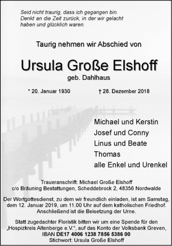 Anzeige von Ursula Große Elshoff von Westfälische Nachrichten