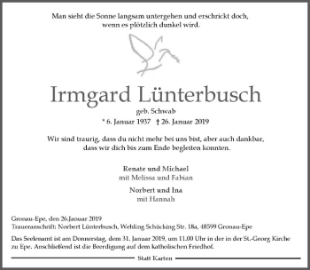 Anzeige von Irmgard Lünterbusch von Westfälische Nachrichten