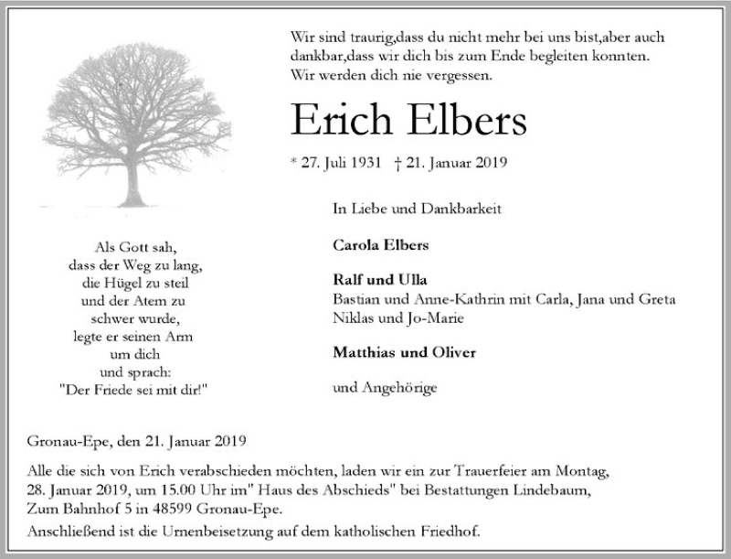  Traueranzeige für Erich Elbers vom 25.01.2019 aus Westfälische Nachrichten
