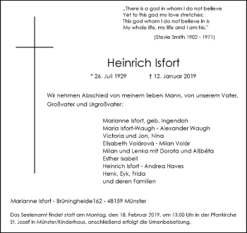 Anzeige von Heinrich Isfort von Westfälische Nachrichten