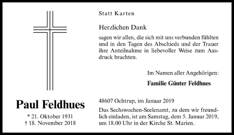  Traueranzeige für Paul Feldhues vom 03.01.2019 aus Westfälische Nachrichten