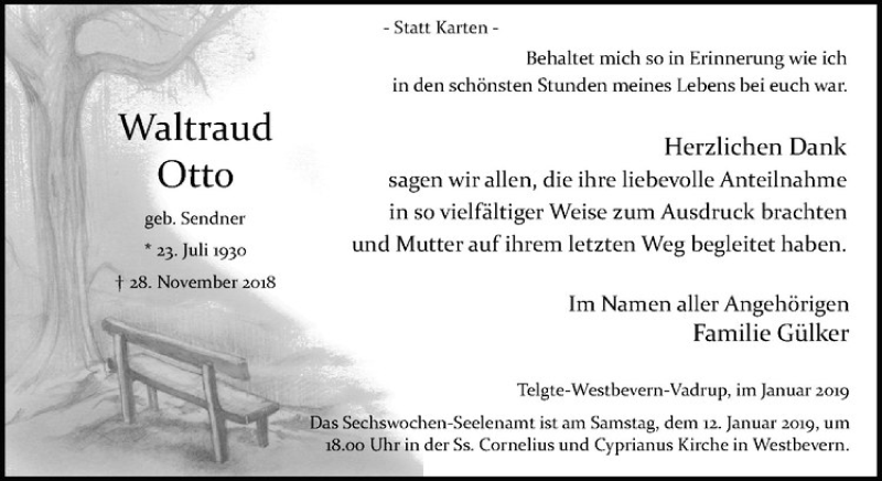  Traueranzeige für Waltraud Otto vom 09.01.2019 aus Westfälische Nachrichten