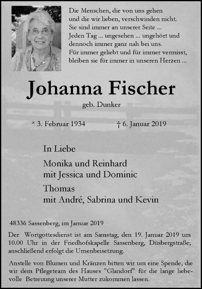  Traueranzeige für Johanna Fischer vom 12.01.2019 aus Westfälische Nachrichten