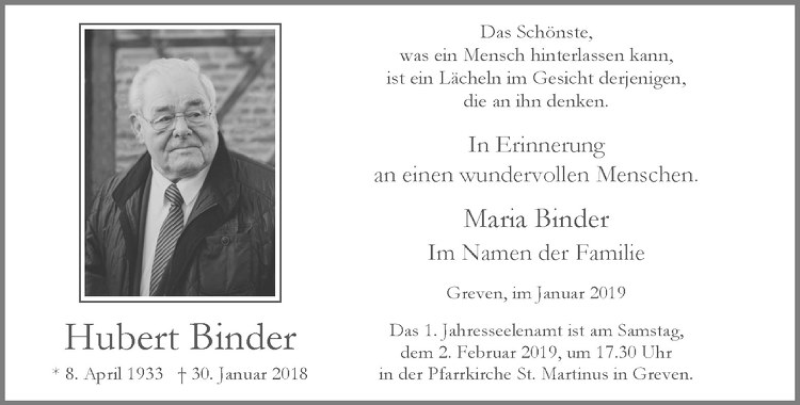  Traueranzeige für Hubert Binder vom 26.01.2019 aus Westfälische Nachrichten