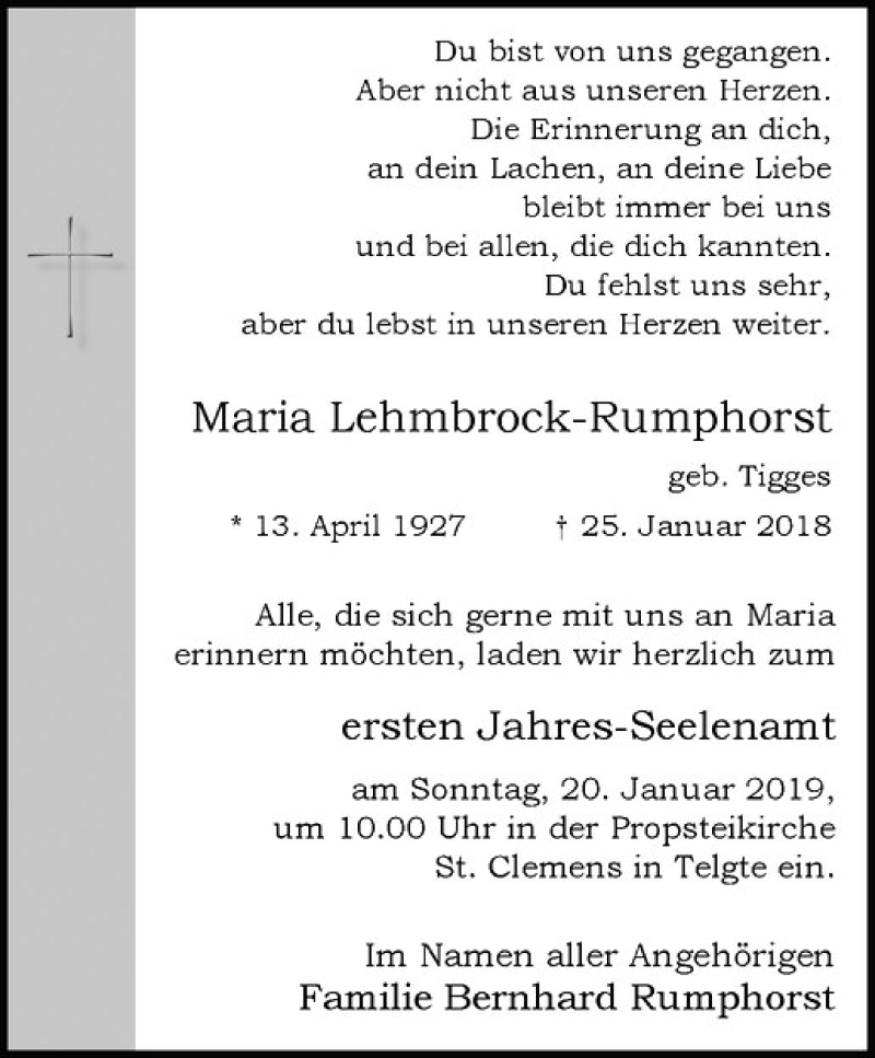  Traueranzeige für Maria Lehmbrock-Rumphorst vom 16.01.2019 aus Westfälische Nachrichten