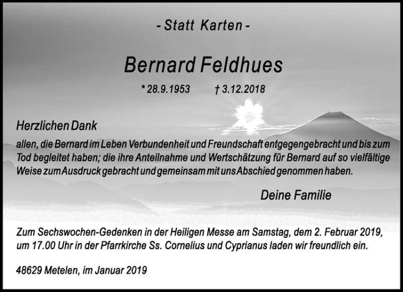  Traueranzeige für Bernard Feldhues vom 29.01.2019 aus Westfälische Nachrichten