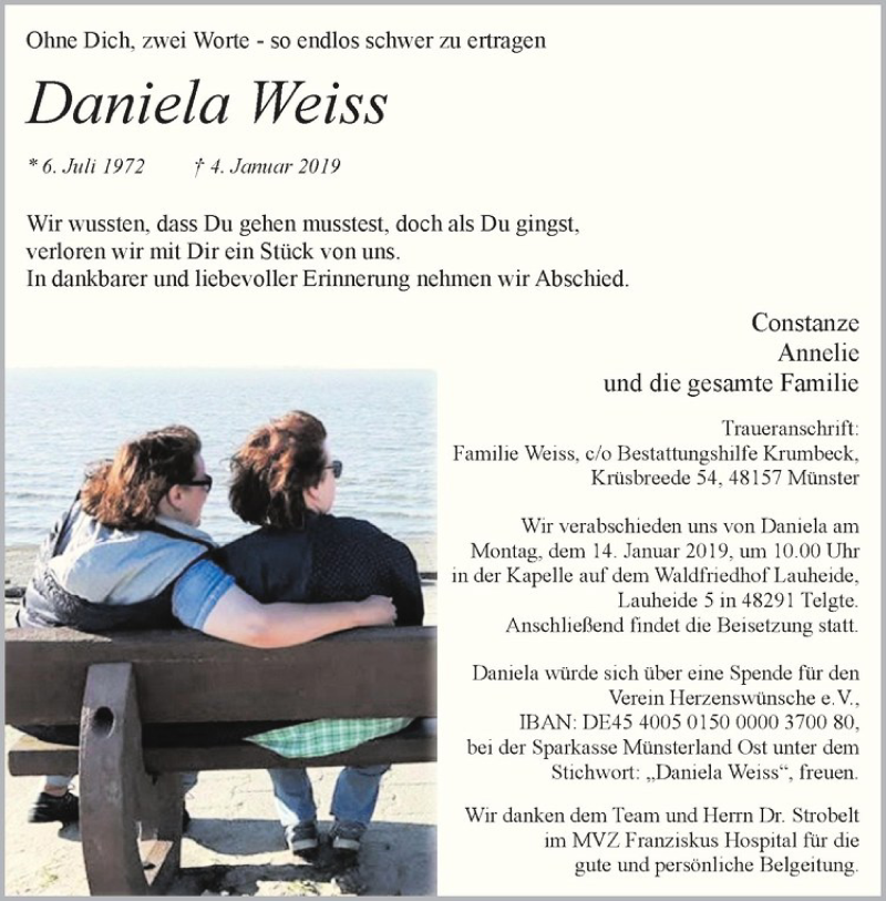 Traueranzeige für Daniela Weiss vom 09.01.2019 aus Westfälische Nachrichten