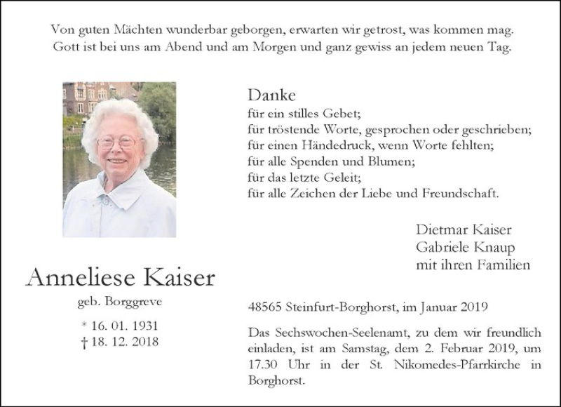  Traueranzeige für Anneliese Kaiser vom 26.01.2019 aus Westfälische Nachrichten