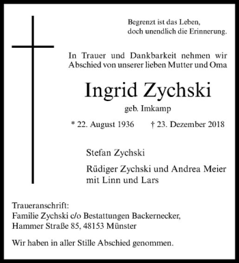 Anzeige von Ingrid Zychski von Westfälische Nachrichten