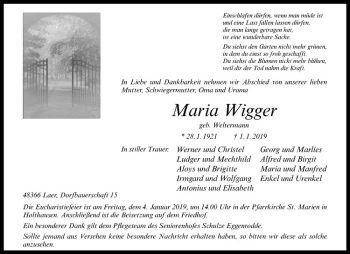 Anzeige von Maria Wigger von Westfälische Nachrichten