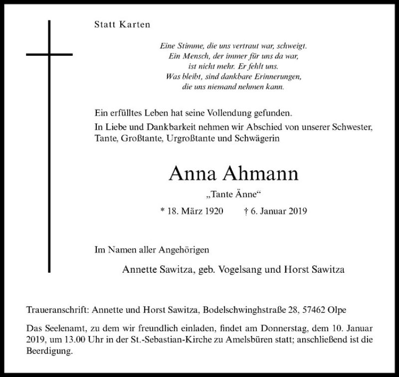  Traueranzeige für Anna Ahmann vom 09.01.2019 aus Westfälische Nachrichten