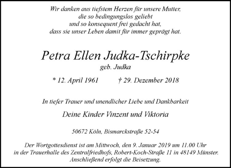  Traueranzeige für Petra Ellen Judka-Tschirpke vom 07.01.2019 aus Westfälische Nachrichten
