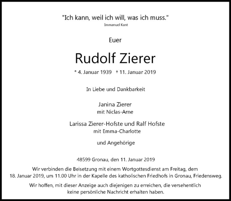  Traueranzeige für Rudolf Zierer vom 15.01.2019 aus Westfälische Nachrichten
