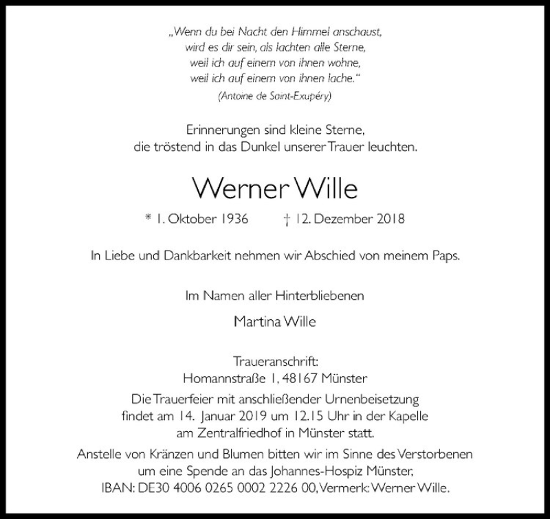  Traueranzeige für Werner Wille vom 08.01.2019 aus Westfälische Nachrichten