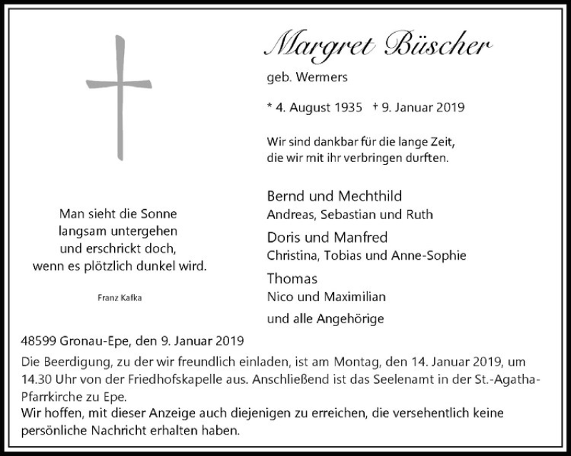  Traueranzeige für Margret Büscher vom 12.01.2019 aus Westfälische Nachrichten