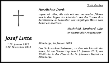 Anzeige von Josef Lutte von Westfälische Nachrichten