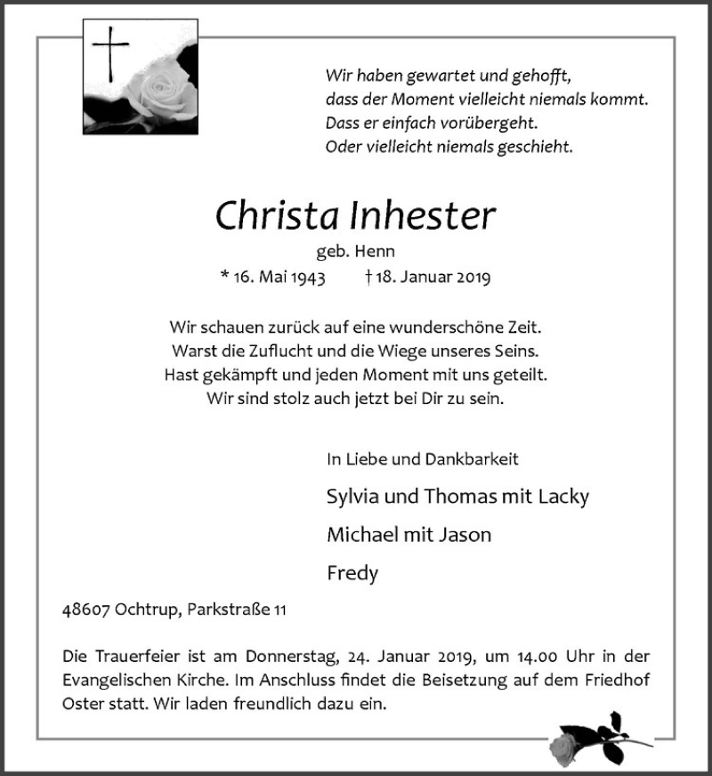  Traueranzeige für Christa Inhester vom 21.01.2019 aus Westfälische Nachrichten