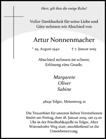 Anzeige von Artur Nonnenmacher von Westfälische Nachrichten