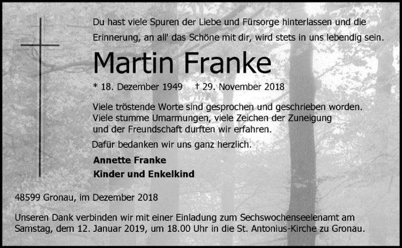  Traueranzeige für Martin Franke vom 05.01.2019 aus Westfälische Nachrichten