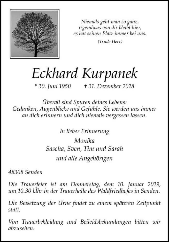  Traueranzeige für Eckhard Kurpanek vom 05.01.2019 aus Westfälische Nachrichten